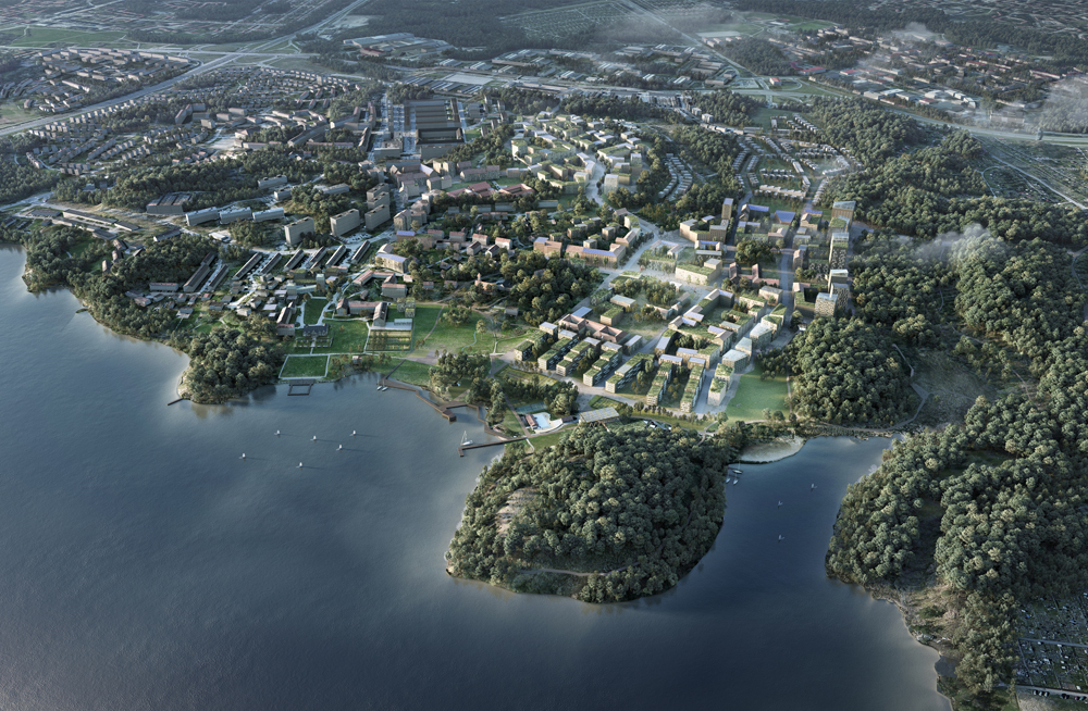 Illustrerad vy över ett framtida Stora Sköndal, som visar hur ny bebyggelse blandar sig med gröna områden vid vattnet.