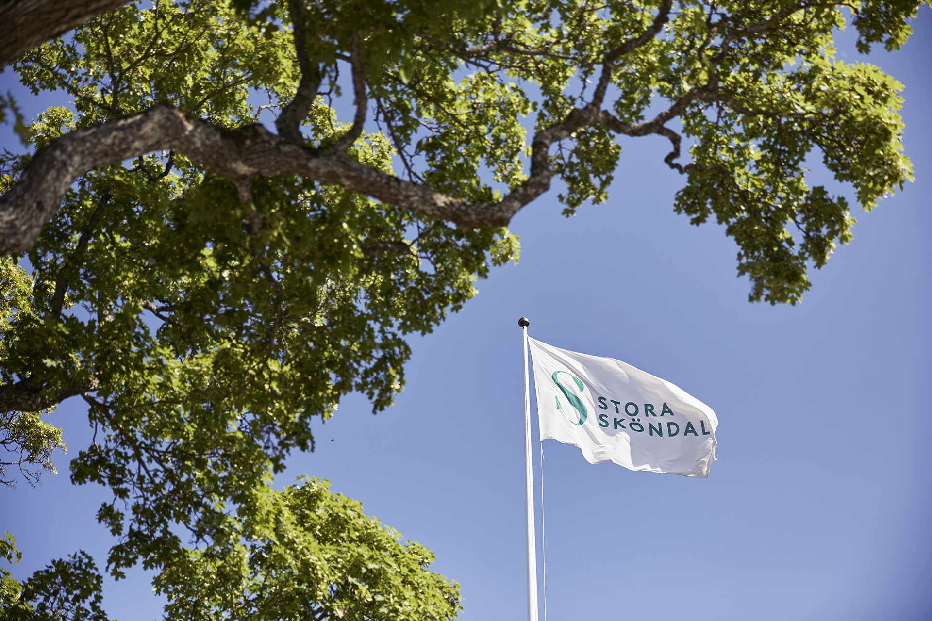Stora Sköndals vita och gröna flagga vajar i vinden med en klarblå himmel i bakgrunden.